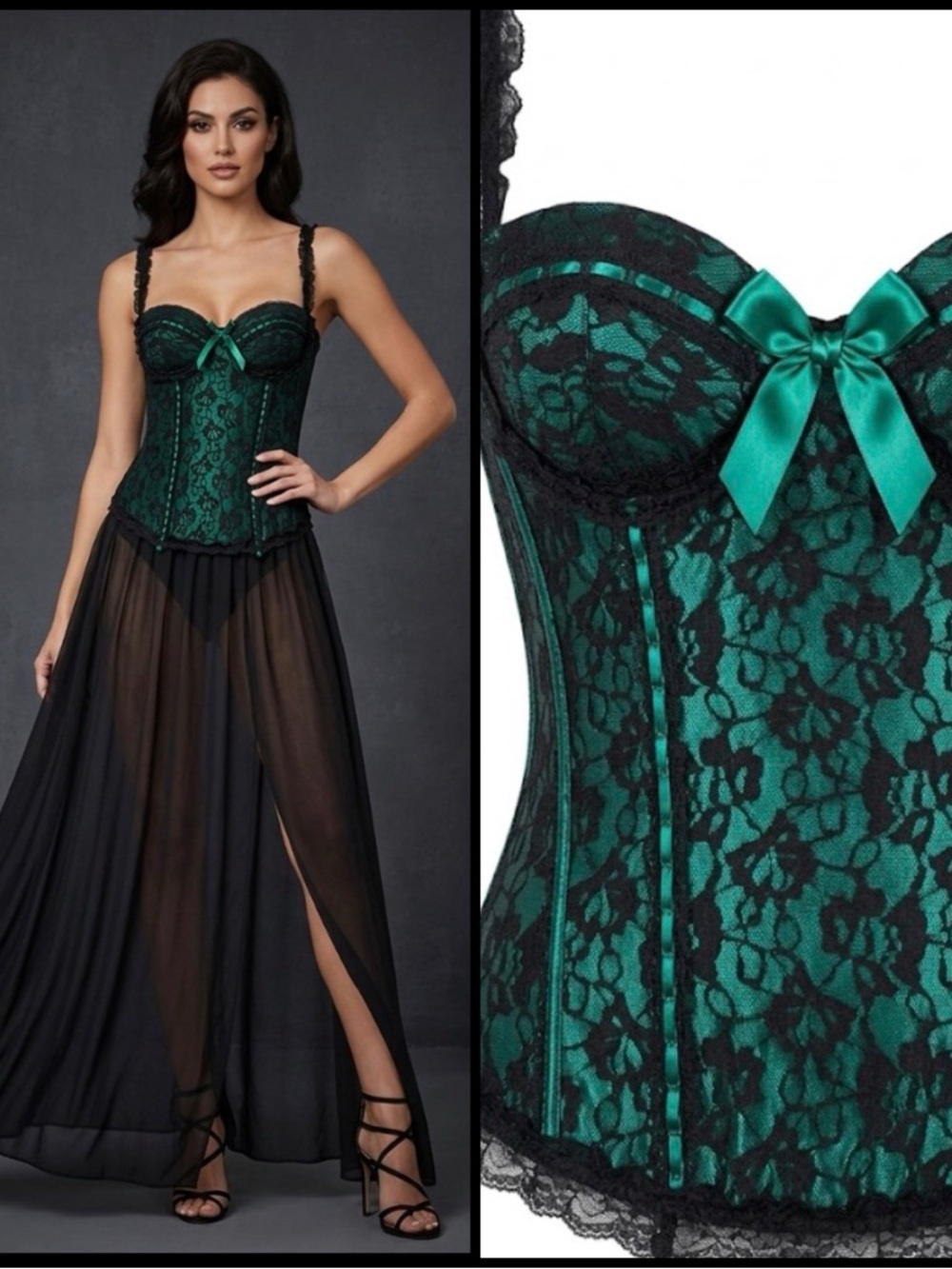 Just sexy Lingerie Victorian Green Black Lace Over Bust Coquette Goth Corset M